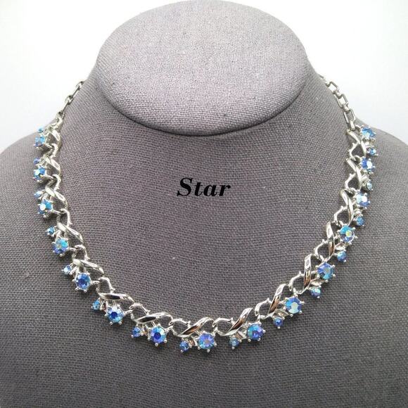 Vintage Star Company Blue Aurora Borealis Choker Necklace, Silver Tone, 17 Inch - Picture 1 of 11